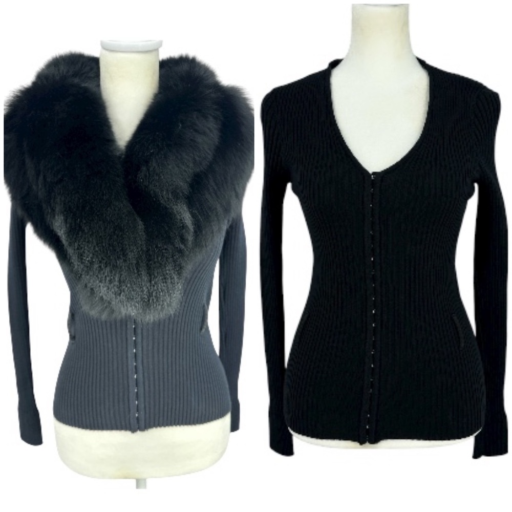 Black Women's Ribbed Cardigan Sweater with Faux Fur Collar